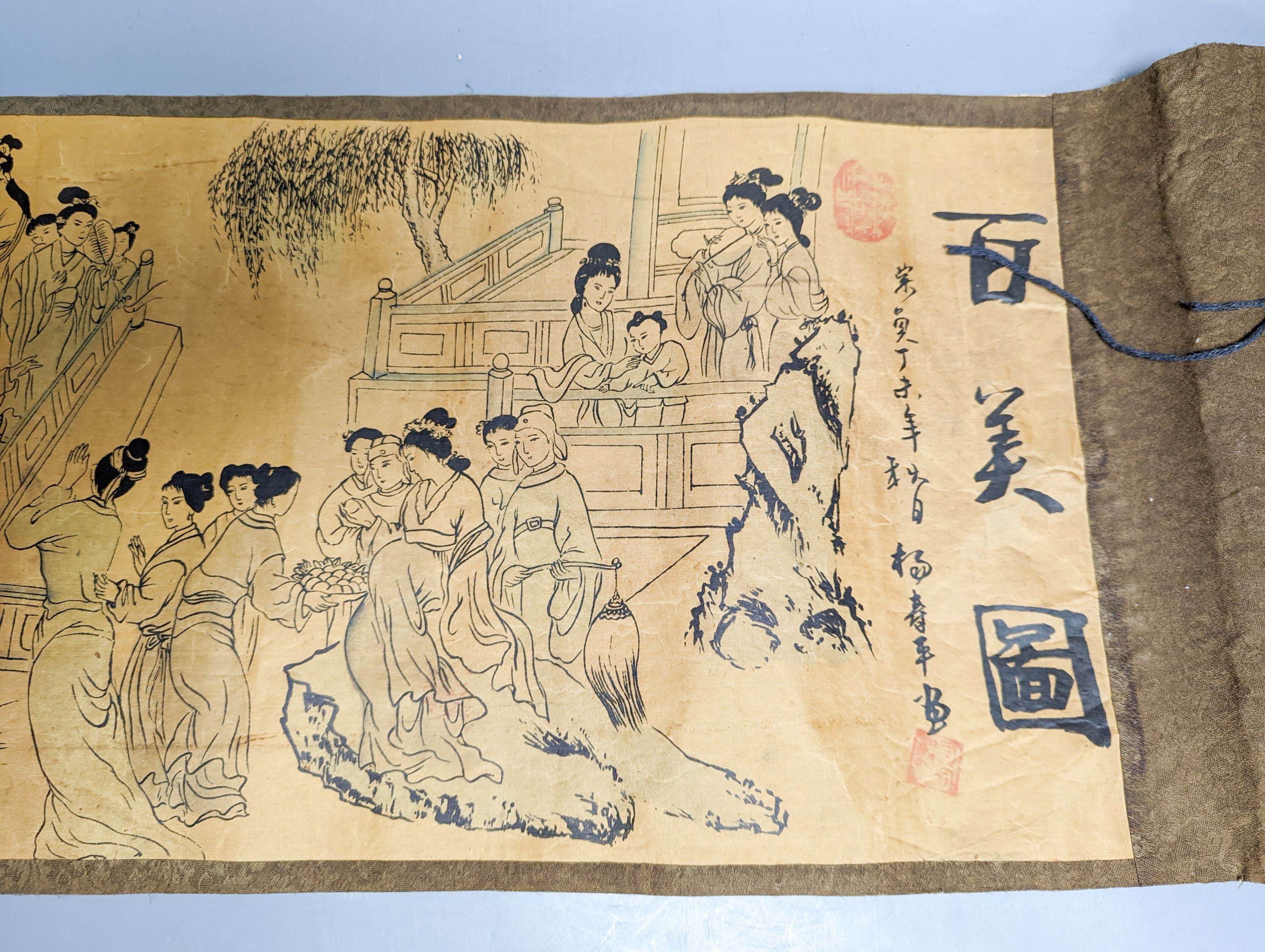 A set of six Chinese famille rose graduated bowls and a scroll picture